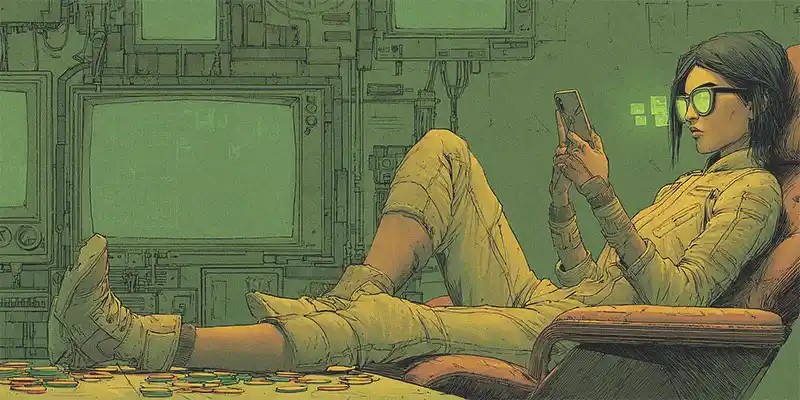 Illustration of a player reclining with a phone next to scattered poker chips